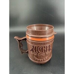Whataburger Plastic Coffee Mug Cup & Lid, Brown & Orange Made in USA